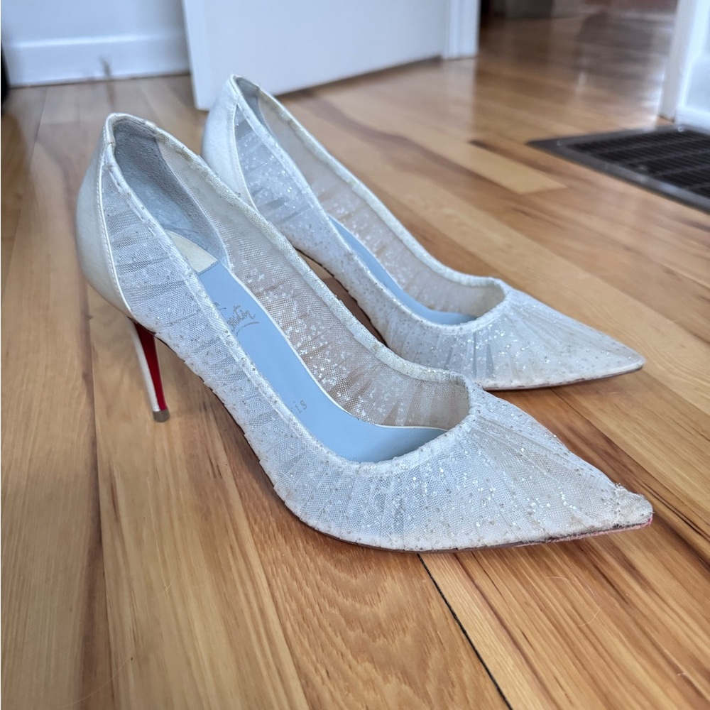 SOLD ‼️Christian Louboutin Kate Draperia 85 White Glitter Tulle Bridal Low Heel - Picture 15 of 16